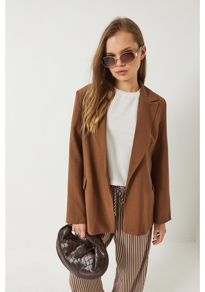Kadın Vatkalı Astarı Çizgili Çilek Kumaş Blazer Ceket 50178 60283002 - Taba