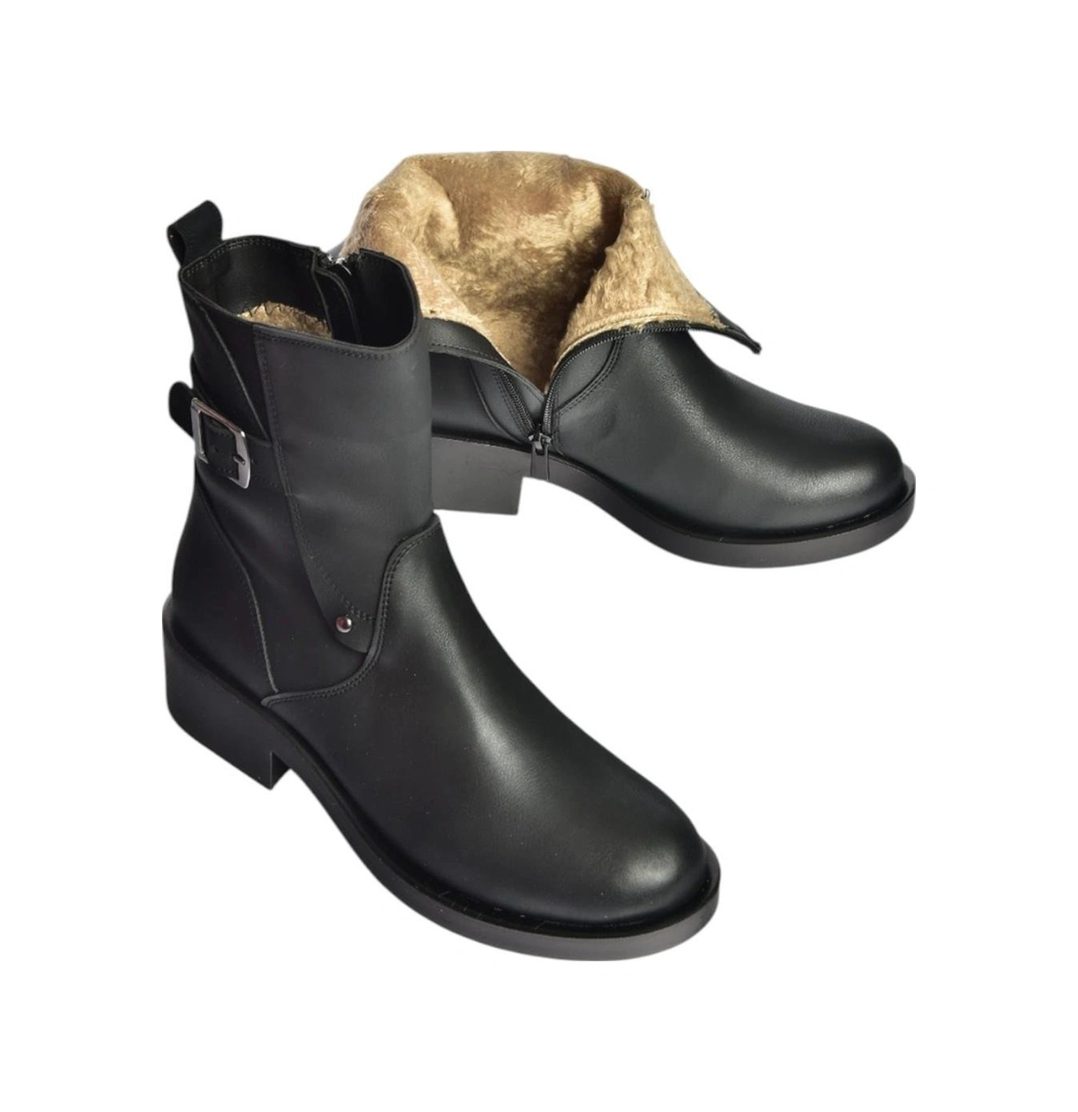 Fox Shoes V674121309 Siyah Alçak Topuklu İçi Tüylü Kadın Bot Siyah-Suni Deri