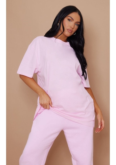 Düz Süprem T-shirt - Pembe Oversize Bisiklet Yaka Kısa Kol Tişört Pembe