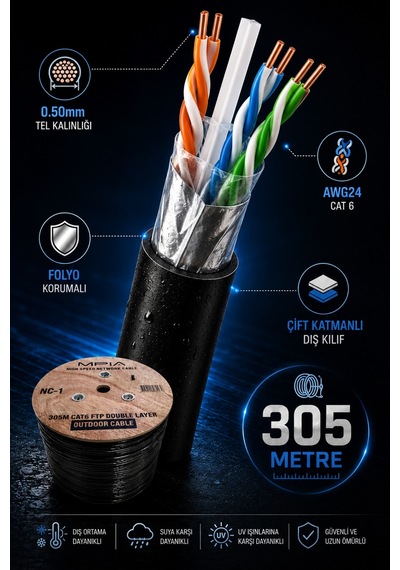 Mpıa 305 Metre Cat6 Utp Outdoor İnternet Kablosu 0.50mm Çift Katmanlı Folyo Korumalı Awg24 Diğer