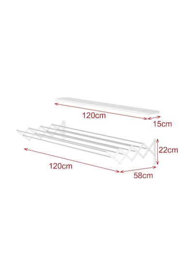 Akordiyon 120cm 9 Gözlü Metal Çamaşır Kurutmalık Askı Duvara Monte Katlanabilir Beyaz Beyaz