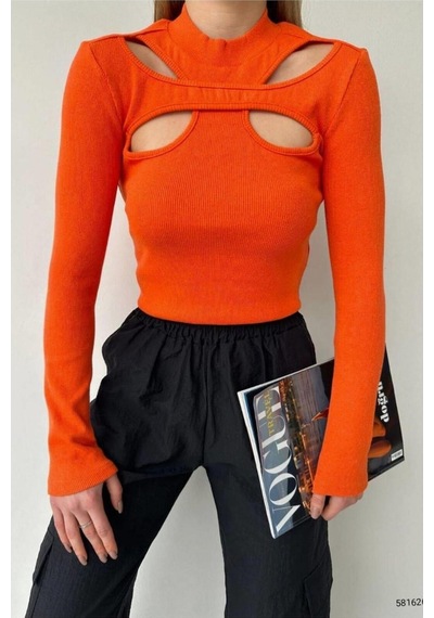 DefyModa Kadın Modern Sandy Kumaş Dik Yaka Uzun Kollu Bluz Turuncu