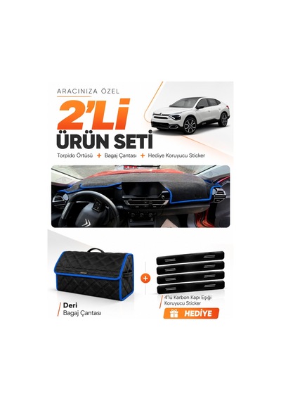 E-biz Cıtroen C4x Displaysiz 2020-2026 Uyumlu Torpido Örtüsü + Deri Çanta - Siyah-mavi - Cı001