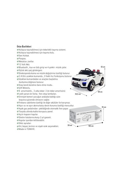 Raptor Gt Beyaz Uzaktan Kumandalı 4x2 12 Volt Akülü Araba - Rc Land Rover Akülü Araba Range Rover Çok Renkli