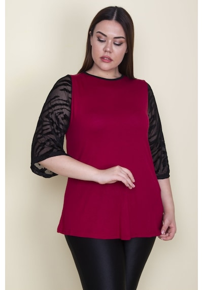 Şans Kadın Bordo Kolları Flok Tül Detaylı Viskon Bluz 65n25580-nar Narçiçeği
