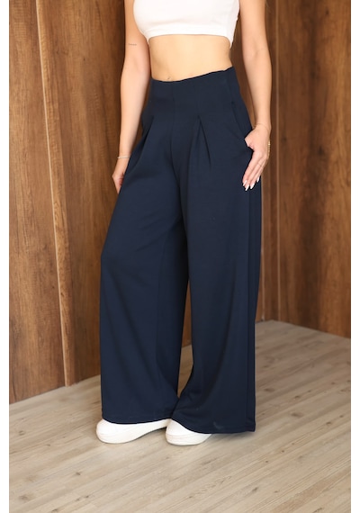 Ozy Fashion Kadın Modal Kumaş Yüksek Bel Pileli Geniş Paça Cepli Eşofman Altı Lacivert