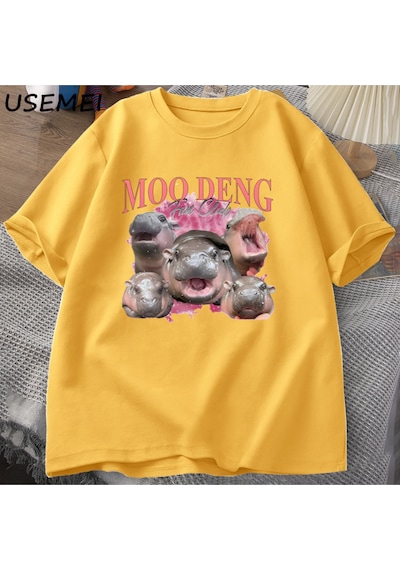 Flood Of Style Moo Deng Fan Kulübü T Shirt Erkekler Komik Pamuk Tayland Kısa Kollu T-shirt Erkek Tasarımcı K Sarı