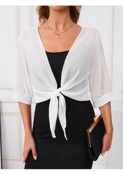 Veraura Lifestyle Kadın Truvakar Kol Önden Bağlamalı Kısa Şifon Bolero Ceket Beyaz