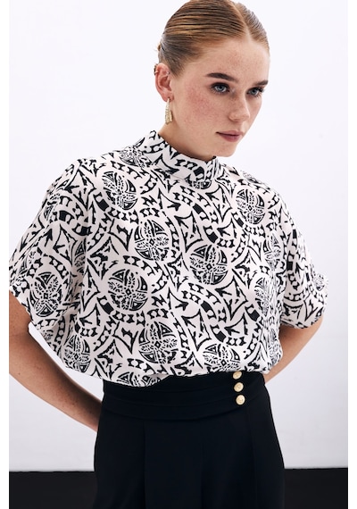Sateen Kısa Kol Desenli Bluz - Ekru-135900 Ekru