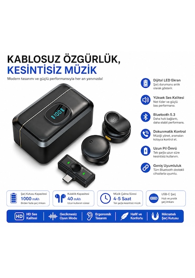 Kablosuz Yaka Mikrofonu Seti Şarj Kutulu, Dijital Göstergeli, Manyetik Klipsli Taşınabilir Mikrofon