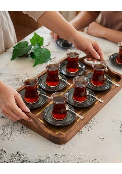 Madam İzmir Winter 6'lı Siyah Çay Tabağı - Modern Spiral Desenli Şık Sunum Tabağı Siyah