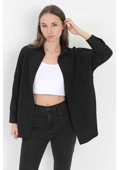 Giysa Kadın Siyah Uzun Kollu Basic Pamuklu Oversize Gömlek - 3900 Siyah