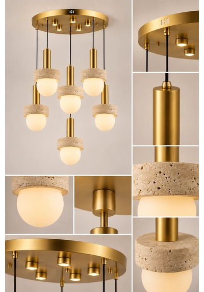 Eskitme Premium Gold Traverten Taşlı 6'lı Sarkıt Avize 3 Renk Led Salon Yemek Odası Avizesi 30w Beyaz