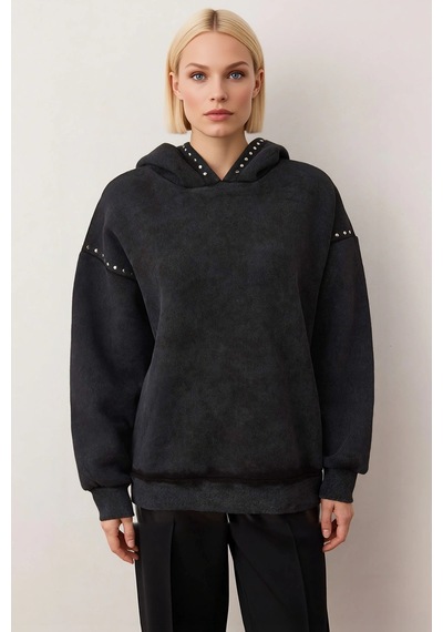 Benerly Kadın Kapüşonlu Düşük Kol Örme Sweatshirt Troklu Fonksiyonel Daya Antrasit