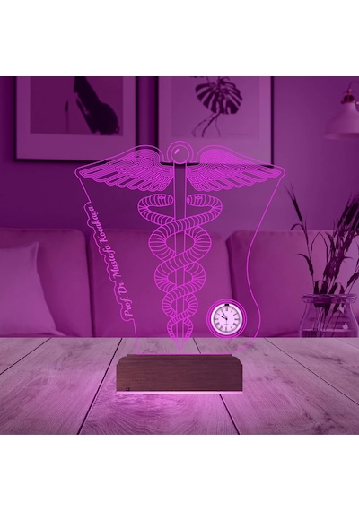 Luvivia Doktor Hediye Tıp Logo Tasarım Kişiye Özel Metal Saatli 3d Lamba - Masa Gece Lambası
