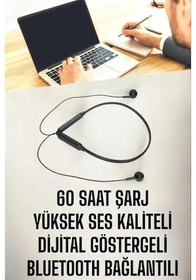 Mey İthalat Kablolu Boyun Askılı Dijital Göstergeli Bluetooth Kulaklığı 60 Saat