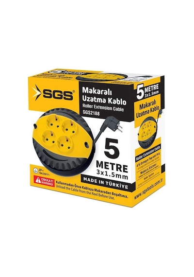 Sgs Saklı Kablolu Makaralı Uzatma Kablosu Siyah Cca 3x1.5 - 4 Priz - 5 Mt. 5 m