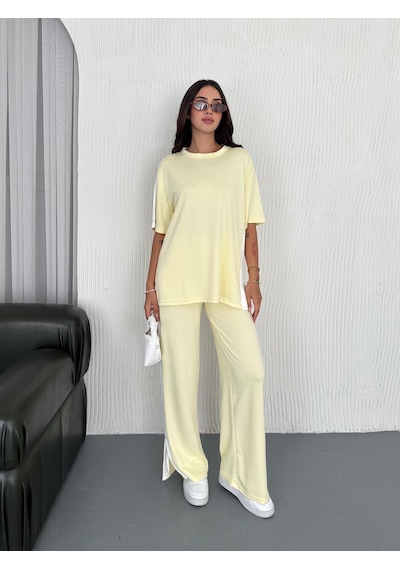 Elaxi Modal Şeritli Yırtmaç Detaylı Pantolon Tişort Takım Sarı