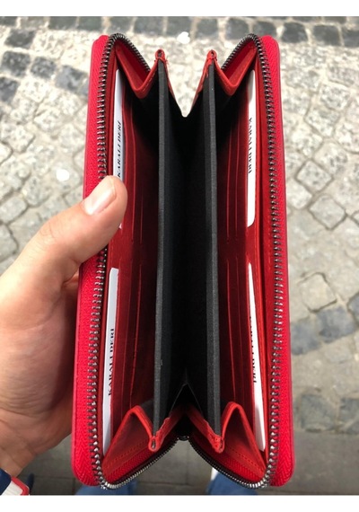 Karalı Deri Unisex Kırmızı  Hakiki Deri Telefon Bölmeli Kartlıklı Cüzdan El Portföyü Kırmızı