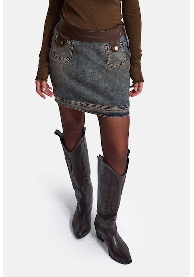 Kadın Koyu Kot 2w6-8 Straight Deri Detaylı Esnek Kumaş Tasarım Mini Denim Etek