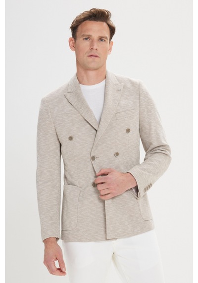 Ac&co Erkek Bej Slim Fit Dar Kesim Kırlangıç Yaka Pamuklu Desenli Blazer Ceket