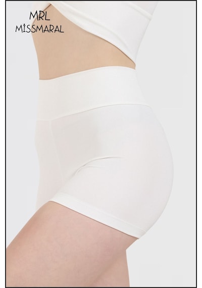 Missmaral Kadın Ekru Comfort Fit Yüksek Bel Toparlayıcı Mini Şort Boxer Likralı Kumaş Havuz Deniz Spor Ekru