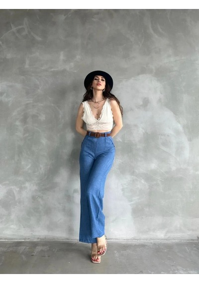 Derenle Beli Kemerli Keten Pantolon Mavi