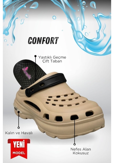Sermoda Yüksek Çift Taban Taşlı Deniz Havuz Sabo Doktor Hemşire Hastane Comfort Günlük Kadın Terlik Vizon Siyah