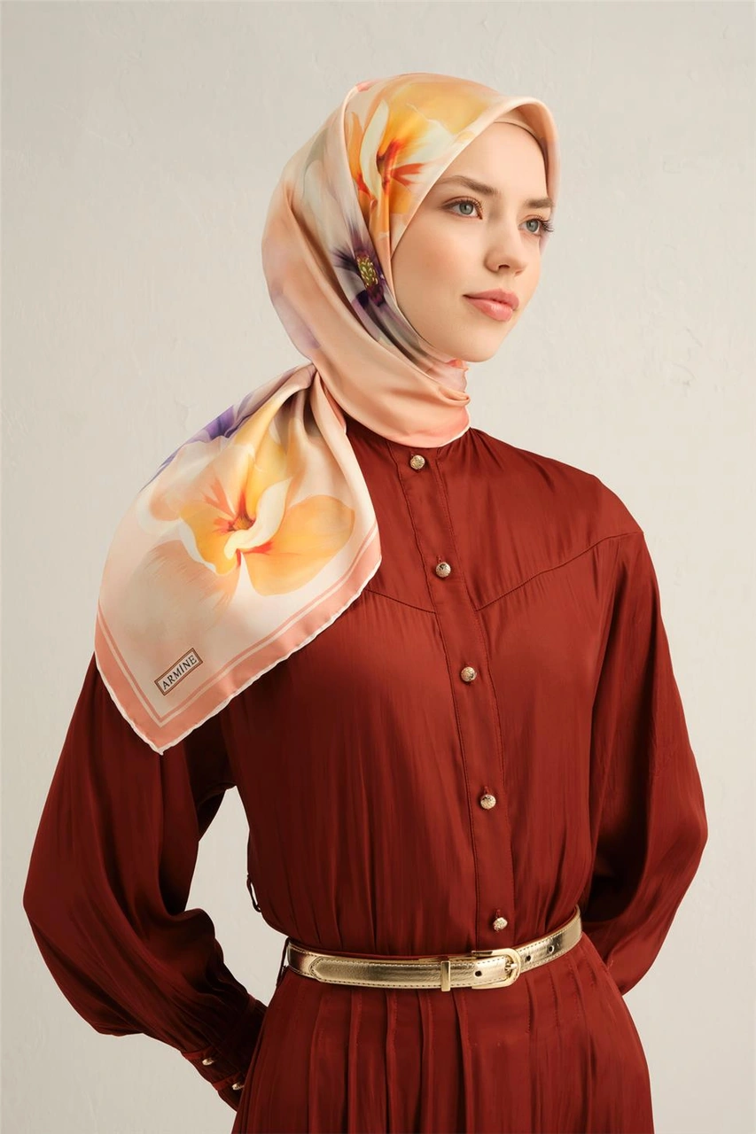 Armine Çiçek Desenli Saf İpek Twill Eşarp 9305d 34 Turuncu