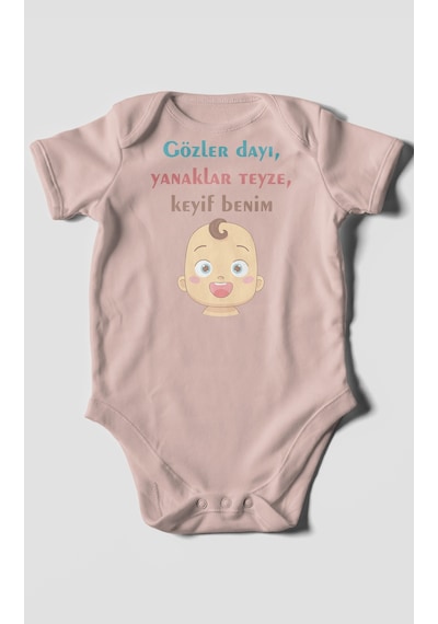 Gözler Dayı Yanaklar Teyze,keyif Benim Baskılı Bebek Zıbını Çıtçıtlı Body %100 Pamuk Kısa Kol Pastel Pembe