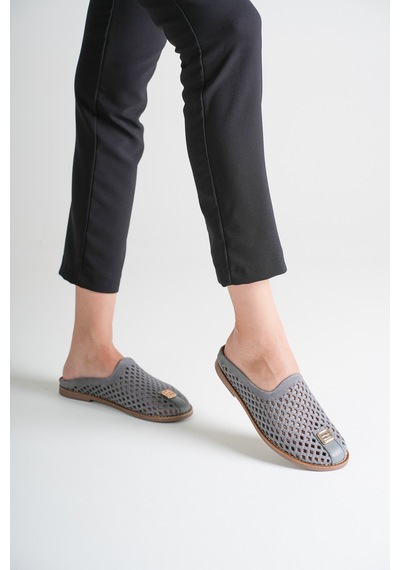 Analin Shoes Kadın Hakiki Deri Delikli Günlük Rahat Terlik Gri