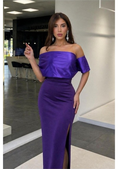 Lior Design Kadın Modern Tasarım Kayık Yaka Yırtmaçlı Maxi Abiye Elbise Mor