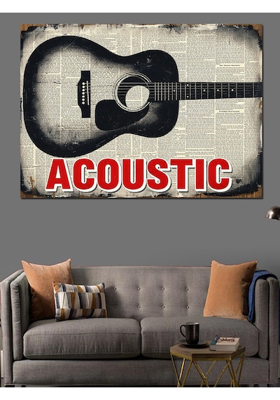 Akustik Gitar Müzik Yazısı Dekoratif Kanvas - Mdf Ahşap Tablo
