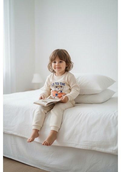 Aden Kids Mevsimlik Pamuklu Kumaş Karikatürlü Çocuk Pijama Takımı Bej