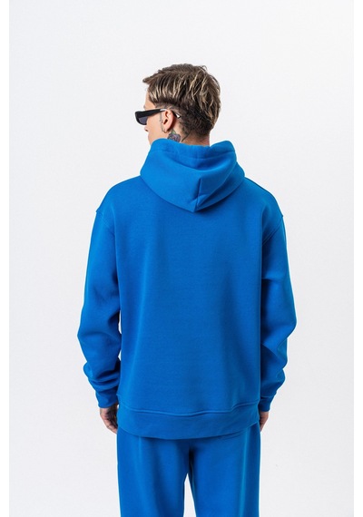 Erkek Respire Yazı Detaylı Kapüşonlu Basic Oversize Hoodie Mavi
