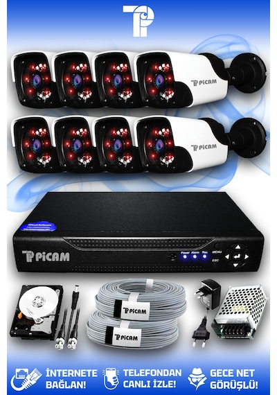 Picam 8 Kameralı Panda 8 Dış Kamera Set 1 TB HDD Full HD Gece Görüşlü Güvenlik Kamerası Sistemi