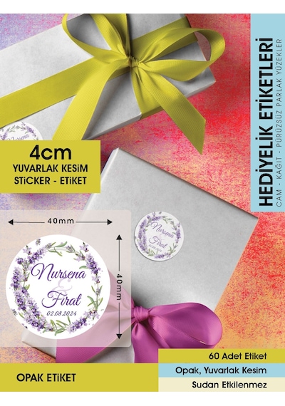 Sulu Boya Lavanta Çiçeği Modeli Düğün, Hediyelik Etiketi 4cm - 60 Adet Opak Sticker Renkli