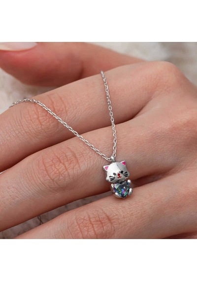 Gümüş Mistik Topaz Taşlı Sevimli Kedi Kolye Gümüş
