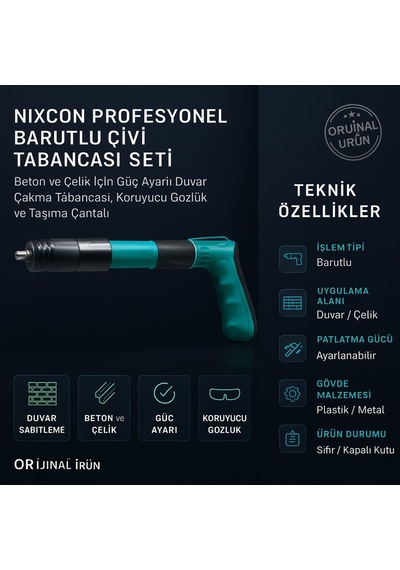 Nixcon Profesyonel Barutlu Çivi Tabancası Seti Beton Ve Çelik İçin Güç Ayarlı Duvar Çakma Tabancası, Koruyucu Gözlük Ve Taşıma Çantalı