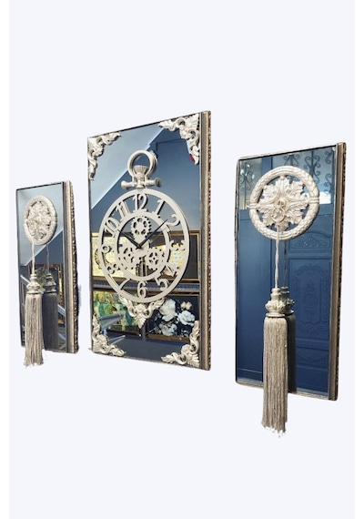 3lü Gümüş Dikdörgen Aynalı Çerçeveli Püsküllü Duvar Saati Takımı, Wall Clock, Hediye, Ms38-1