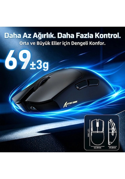 Attack Shark X11 Pro V2 Tft Ekranlı Şarj Standlı Kablosuz Oyuncu Faresi Standart