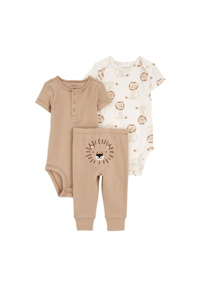 Yenisinial Erkek Bebek Body Pantolon Set 3'lü Paket Kahverengi Kahverengi