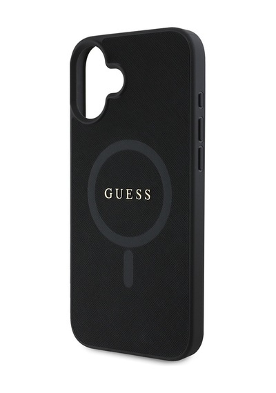 Apple iPhone 16 Uyumlu Kılıf Guess Lisanslı Magsafe Şarj Özellikli Yazı Logolu Saffiano Classic Siyah