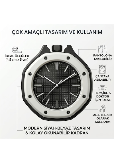 Piyatech Renkli Detaylı Askılı Cep Saati Hemşire Saati Çanta Ve Pantolon Aksesuarı Anahtarlık Unisex Sekizgen Saat Siyah