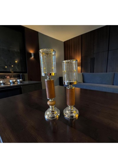 Woodgold Cam Mumluk & Ahşap Detaylı Şamdan Seti İkili Gümüş
