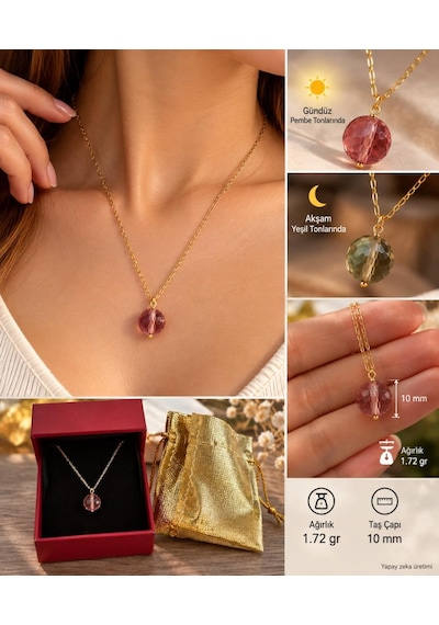 Zultanit Kolye Renk Değiştiren Sultanit Gold Renk Çelik Zincir Kutulu Keseli
