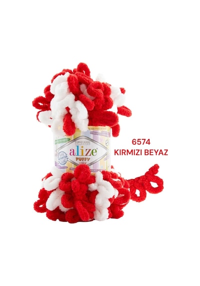 Puffy Color El Örgü İpliği 100 Gr 9 Mt Büyük İlmek 6574 Kırmızı Beyaz