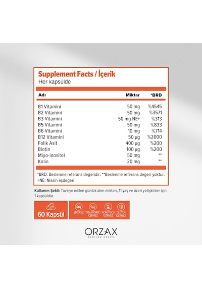 Orzax Ocean B Complex 60 Kapsül B Grubu Vitamin Kompleksi Takviye Edici Gıda