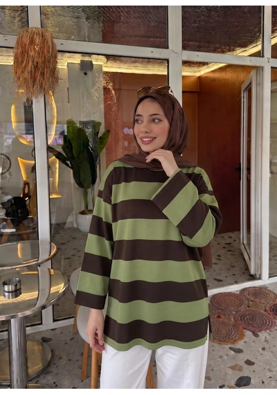 Trend Paris Çizgili Yanı Yırtmaçlı Rahat Kalıp Tunik Bluz Haki 40