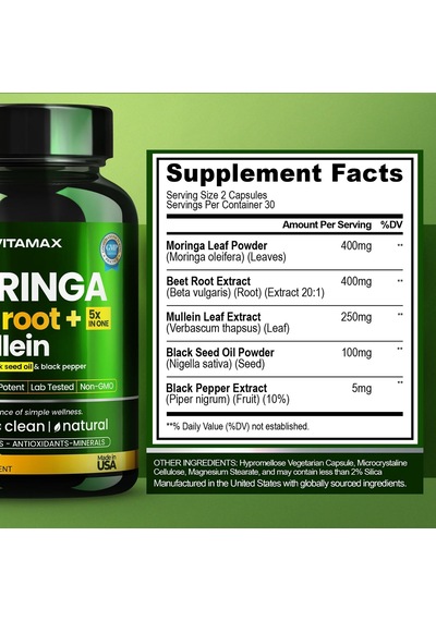 Moringa Beet Root + 5x İn One + Mullein With Black Seed Oil & Black Pepper 60 Kapsül